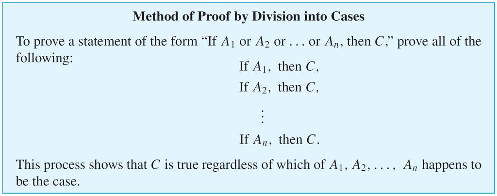 Representations of Integers First assume A 1 is true and deduce C; next assume A 2 is true and deduce C; and so forth until you have assumed A n is true and deduced C.