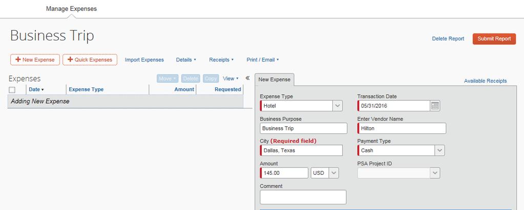 3. Complete all required fields and the optional fields as directed by your company. Type fields automatically populate.