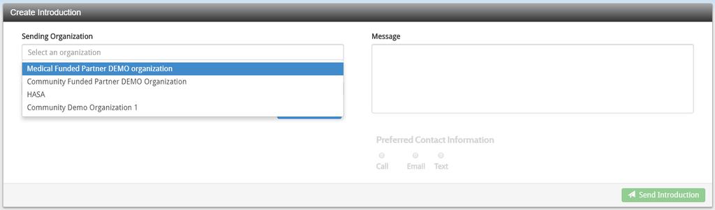 In order to start a patient introduction to another organization, click Create in the top corner. Select Introduction.