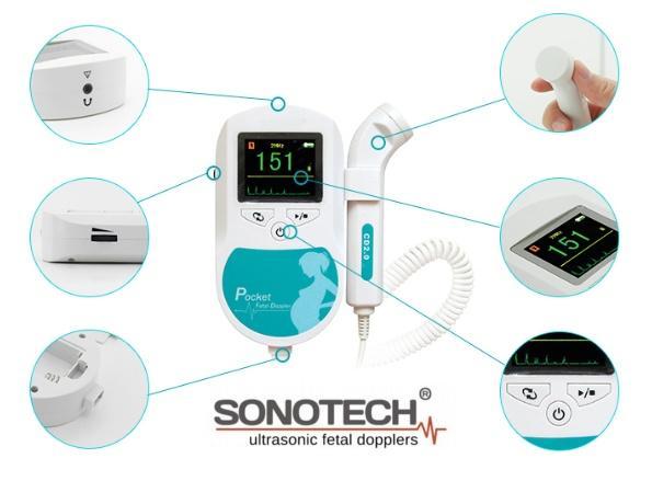 Model name: Sonotech TM M Fetal Doppler with Thermometer OLED display: (FHR (Digits)/FHR wave form/battery indicator/speaker volume/fetal heart beating rhythm indication) Accurate FHR and the same