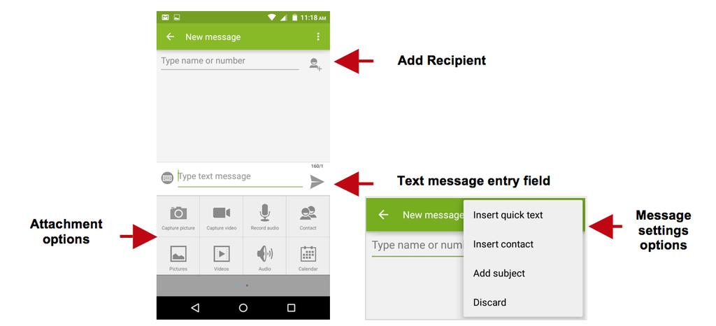 Send an SMS Application Menu» Messaging» New message (or shortcut icon) Click the contact icon to enter text message recipient Compose Text Message and click Send Send an MMS When creating message,