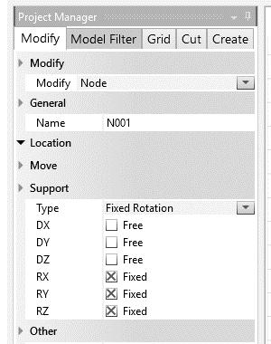 To support a node, chose the node, and in the Modify tab of the Project Manager choose from the Support sub-item. There are four support types (no roller).