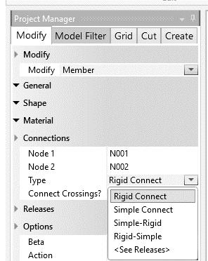 If a hinge connection needs to be included between members, you will need to change the member Connections Type to Simple-Rigid, or Rigid-Simple depending on where the node with the hinge is.
