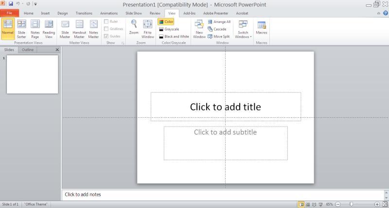 THE POWERPOINT ENVIRONMENT The PowerPoint 2010 Application Window Quick Access Toolbar Title Bar Tab Ribbon 1 2 Functional Group 3 Slide Number Theme 4 Views Status Bar Viewing a Presentation NORMAL