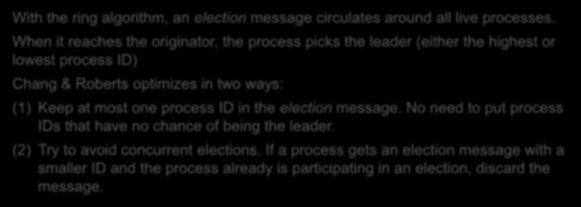 (d) Having a node always discard an election message that came from a process with a smaller ID. With the ring algorithm, an election message circulates around all live processes.