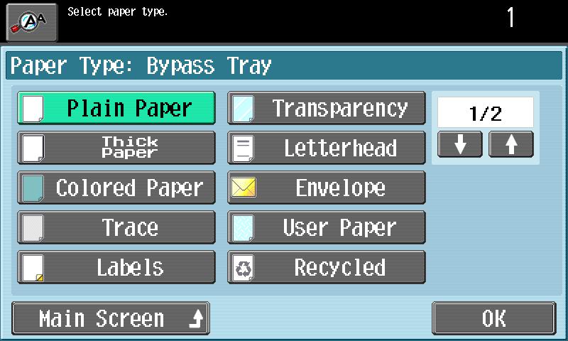 Using copy functions Touch the button for the desired paper type. To print on thin paper, touch [ ] or [ ].