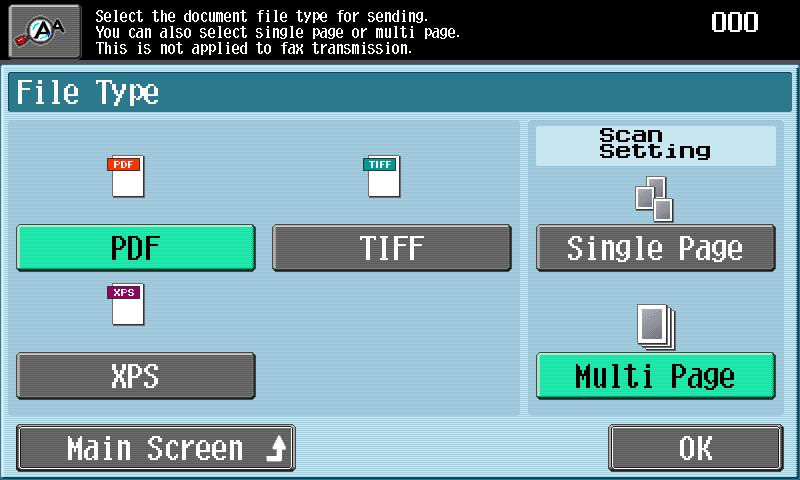 Using fax/scanning functions Select the file format and the page setting. If "Single Page" under "Scan Setting" is selected, a file is created for each page of the original.