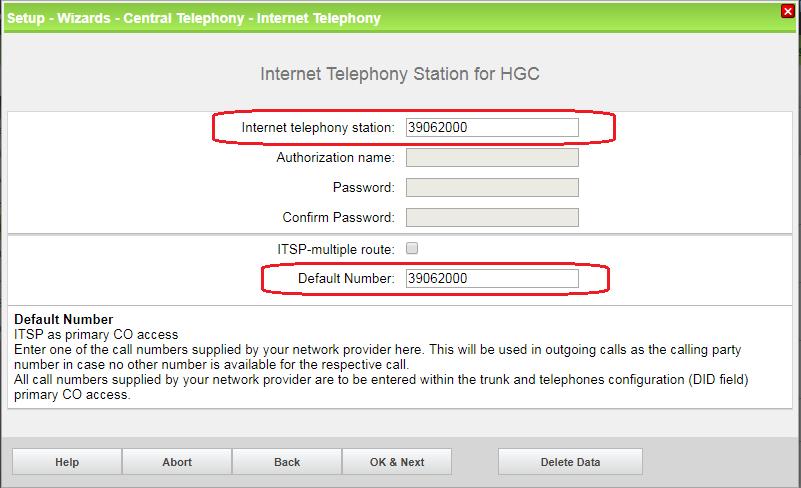 Enter the data of Internet telephony station and Default Number
