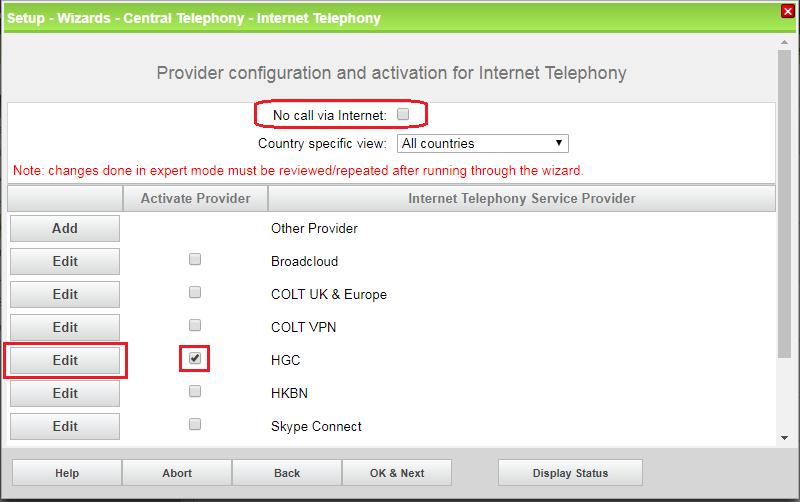 Provider configuration and activation for Internet Telephony -> uncheck No call via Internet, use County specific view