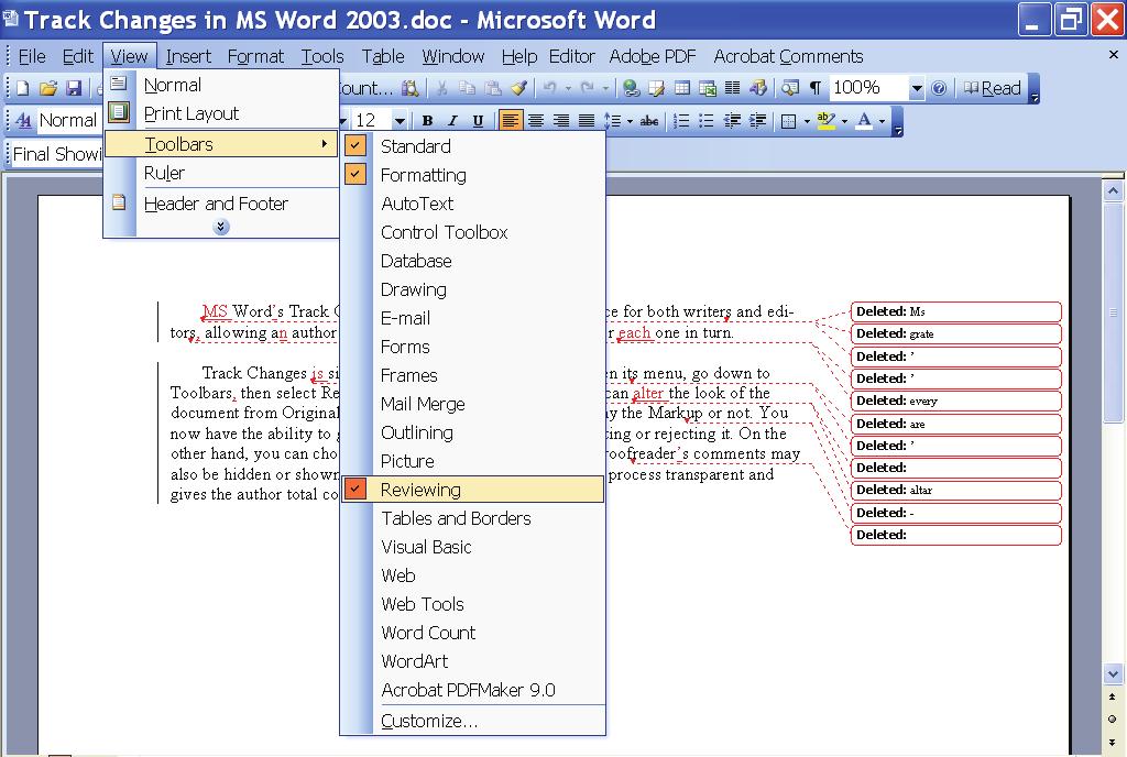 2 MS Word 2003 Open a document in MS Word.