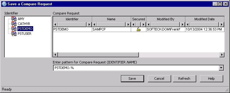 Save the Compare Request To save the Compare Request, click File Save from the menu in the Compare Request Editor to display the Save a Compare Request dialog.