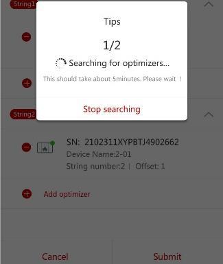 4. Enter optimizer information to add all optimizers in sequence by scanning their QR codes or manually entering their SNs. 5. Tap Submit.