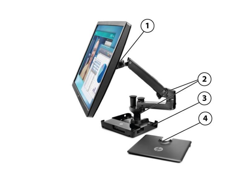 HP Hot Desk Stand - W3Z73AA 1. VESA display mounts 3. HP USB Dock Housing 2. Dual-hinged 4. Housing cover 2 x 9.9 x 8.5 in (5.2 x 25.1 x 21.7 cm) Weight Packaged 14 lbs (6.4 kg ) Unpackaged 12 lbs (5.
