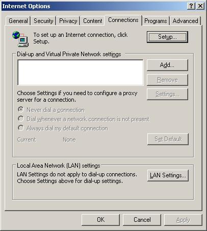 Step 12. In this dialogue box, please select Connections in the LAN Settings. Step13. Please DO NOT tick all of the selection boxes. Press OK after finishing with the setup.