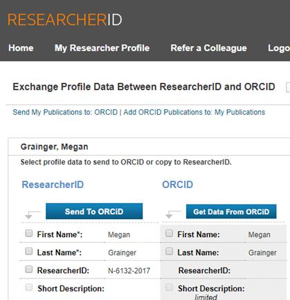 Select the profile data to send to ORCID First Name, Last Name, ResearcherID Your ResearcherID should now appear in ORCID