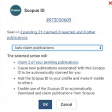 In the resulting drop-down menu select Auto claim publications Click on OK Your Scopus number will be added to