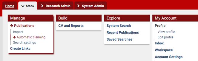 3 Sync your Web of Science (ResearcherID) profile with IRIS In IRIS, click on the Menu tab under Manage, click