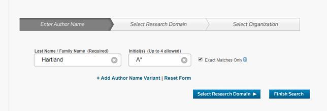 Click on Author Search Fill in your details as follows: Last Name/Family Name: Enter your surname Initials: Enter your first initial followed by an asterisk this will pick up all variations of your