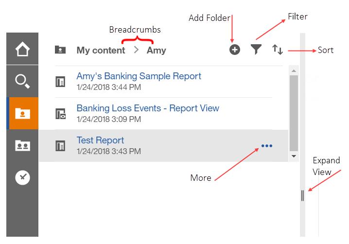 23 Cognos Analytics offers some changes in terminology and content navigation within the content explorer. My Folders is now referred to as My Content and is the personal content area.