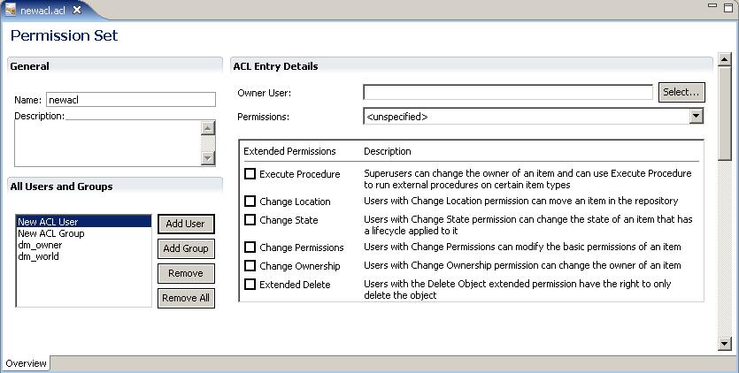 Managing Permission Sets (ACLs) The new permission set contains two default ACL entries in the All Users and Groups section, as follows: dm_owner The owner of the permission set.