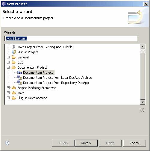 Managing Projects 3. Double click the Documentum Project folder to expand it, then select Project and click Next. The New Documentum Project dialog displays. 4.