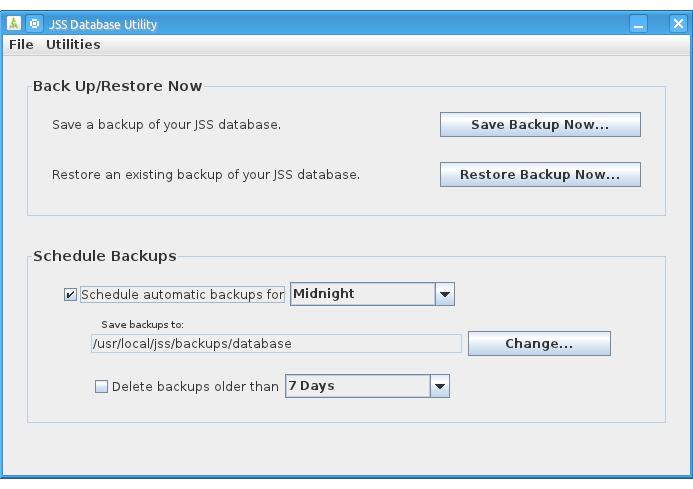5. Deselect the Schedule automatic backups for checkbox. The JSS Database Utility stops creating scheduled backups immediately.