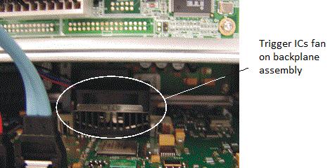 Chapter 4: Troubleshooting Power Supply Troubleshooting Figure 4-15 Trigger ICs fan on backplane assembly Apply AC power and turn the oscilloscope on if it does not start up on its own.