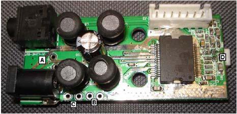 DTA-2 connection locations: (A) Left speaker output (B) Right speaker output (C) Power input (D) Optional LED connection First, solder a pair of speaker wires onto the + and terminals for A; repeat