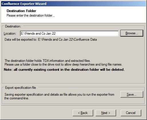 Figure 11: Destination Folder Screen Specify where to export the files and generated TDX information.