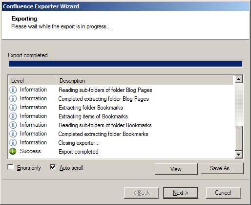 Figure 12: Exporter Progress Screen You can save the export report by clicking Save As after export is complete. You can display only export errors by checking Errors only.