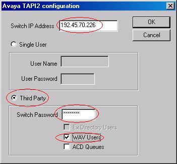4. In the Avaya TAPI2 configuration window that appears, set Switch IP Address to the IP Address of the IP Office System, check Third Party, set Switch Password to the IP Office System password,