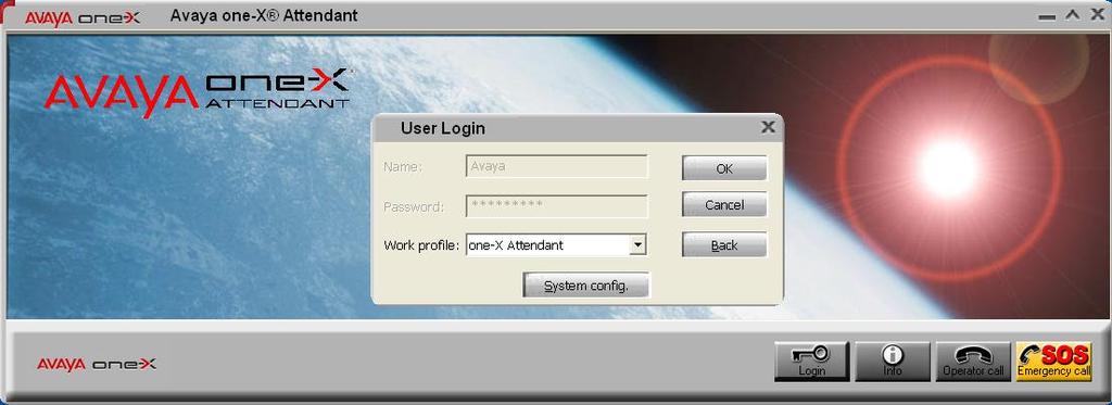 On the next screen, click the Login icon to log in as a one-x Attendant user. The default Name is Avaya and the Password is 000000.