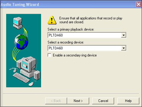 Click the icon on the toolbar to launch the Audio Tuning Wizard. Note that the icon is not available during an active telephone call.
