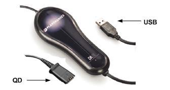 6. Install the Plantronics DA55 USB Adapter and Headsets Connect the Plantronics SupraPlus Wideband or EncorePro headset to the Quick Disconnect end of the Plantronics DA55 USB adapter.