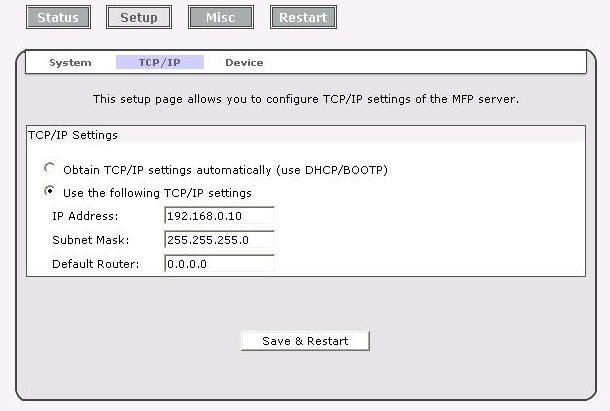 1. Click Setup, it then appears the sub-menu. 2. Click TCP/IP, it then as shown in the following picture. DHCP/BOOTP: This option allows you to select DHCP/ BOOTP option.