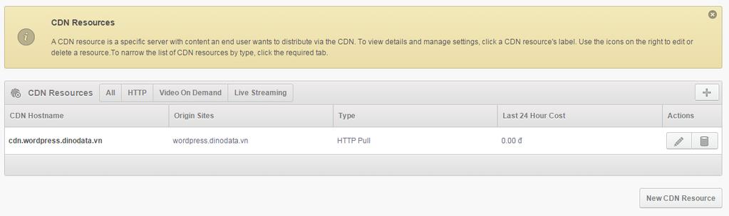 IV. THIẾT LẬP DỊCH VỤ VOD 1. Khởi tạo VOD Resource - Đăng nhập tài khoản quản lý tại địa chỉ http://cp.cdn.com.vn - Click chọn CDN Resources -> New CDN Resources.
