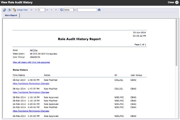 Selecting the View Audit History link will display the Role Audit