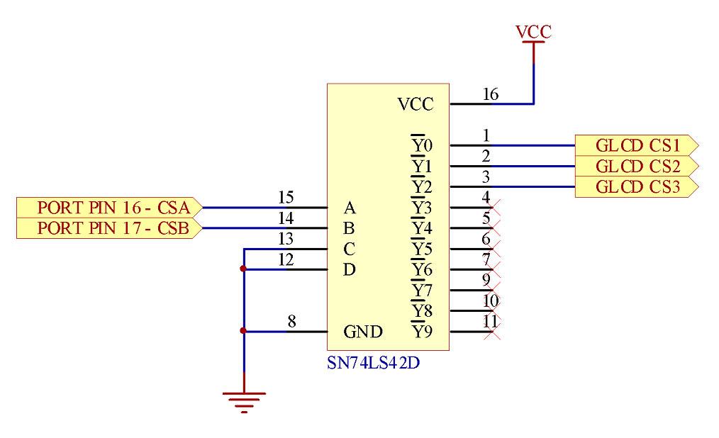 The example above illustrates the connection diagram for a typical Samsung KS0170 & KS0108 interface compatible graphical LCD with onboard negative bias voltage supplied on the VEE pin.