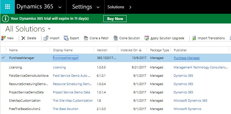 How to Uninstall Purchase Manager in your Dynamics 365? Step1: Navigate to Dynamics 365 Settings Solutions.