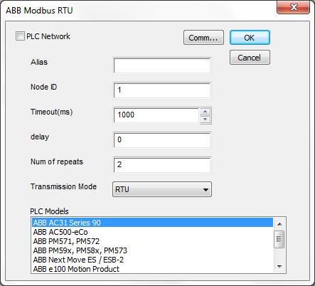 Figure 2 Alias Node ID Timeout (ms) Delay (ms) Num of repeats Transmission Mode PLC Models PLC Network Name to be used to identify nodes in network configurations.