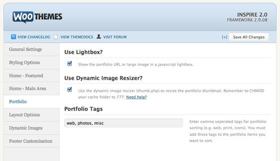 Additional portfolio settings in the theme options Custom Optimize widgets Back to Top The theme includes 8 custom widgets that you can add to any one of your widgetized areas: Woo Flickr Woo Ads