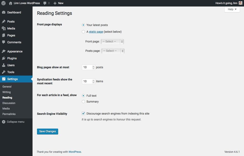 SETTINGS READING Tell WordPress which page to display as the front