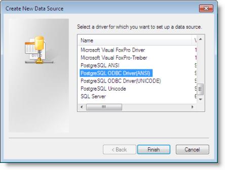 Crystal Reports Figure 7 Create New Data Source dialog box 6. Select the PostgreSQL Driver and click Finish.
