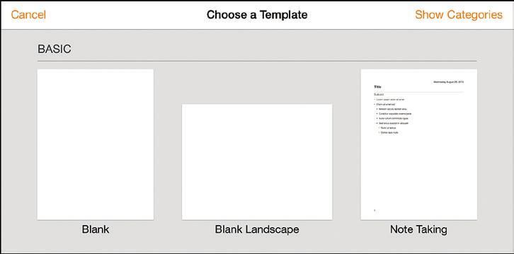 Creating a New Document 5 4 Tap the + button at the top-left corner of the screen to start a new document. 5 Tap Create Document. 6 You are then faced with the template choices display.