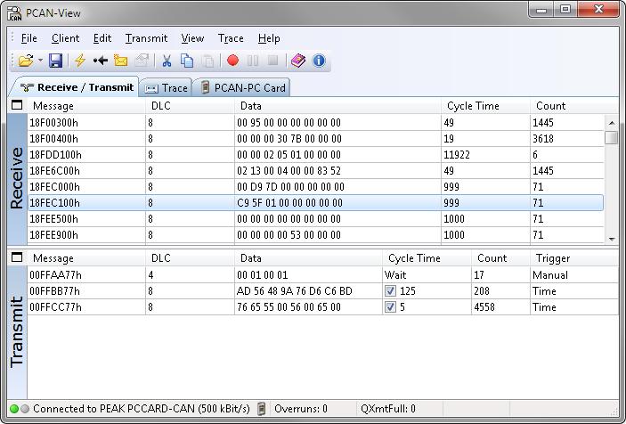 5.1.1 Receive/Transmit Tab Figure 6: Receive/Transmit Tab The Receive/Transmit tab is the main element of PCAN-View. It contains two lists, one for received messages and one for the transmit messages.