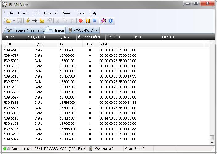 5.1.2 Trace Tab Figure 8: Trace Tab On the Trace tab the data tracer of PCAN-View is used for logging the communication on a CAN bus.