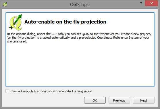When you click on the QGIS icon the default project is loaded and the QGIS Tips appear.