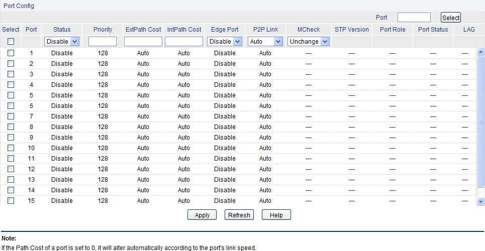 Figure 7-6 Port Config The following entries are displayed on this screen: Port Config Port Select: Select: Port: Status: Priority: ExtPath: IntPath: Edge Port: P2P Link: MCheck: STP Version: Port