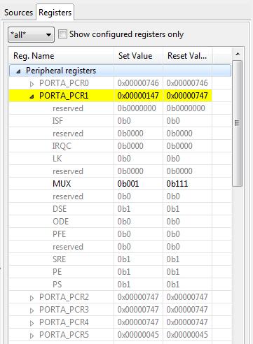 Chapter 4 Pins Tool Registers Recently changed registers are highlighted in yellow Set value for register After reset value for register Register details Figure 4-23. Registers view 4.
