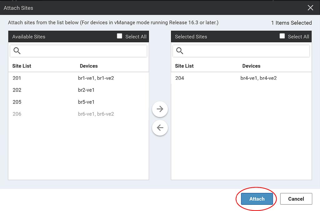 Cloud onramp for SaaS Configuration Step 4: A popup window will appear. Choose the client sites by selecting the site and clicking the arrow to bring the selected site to the Selected Sites box.